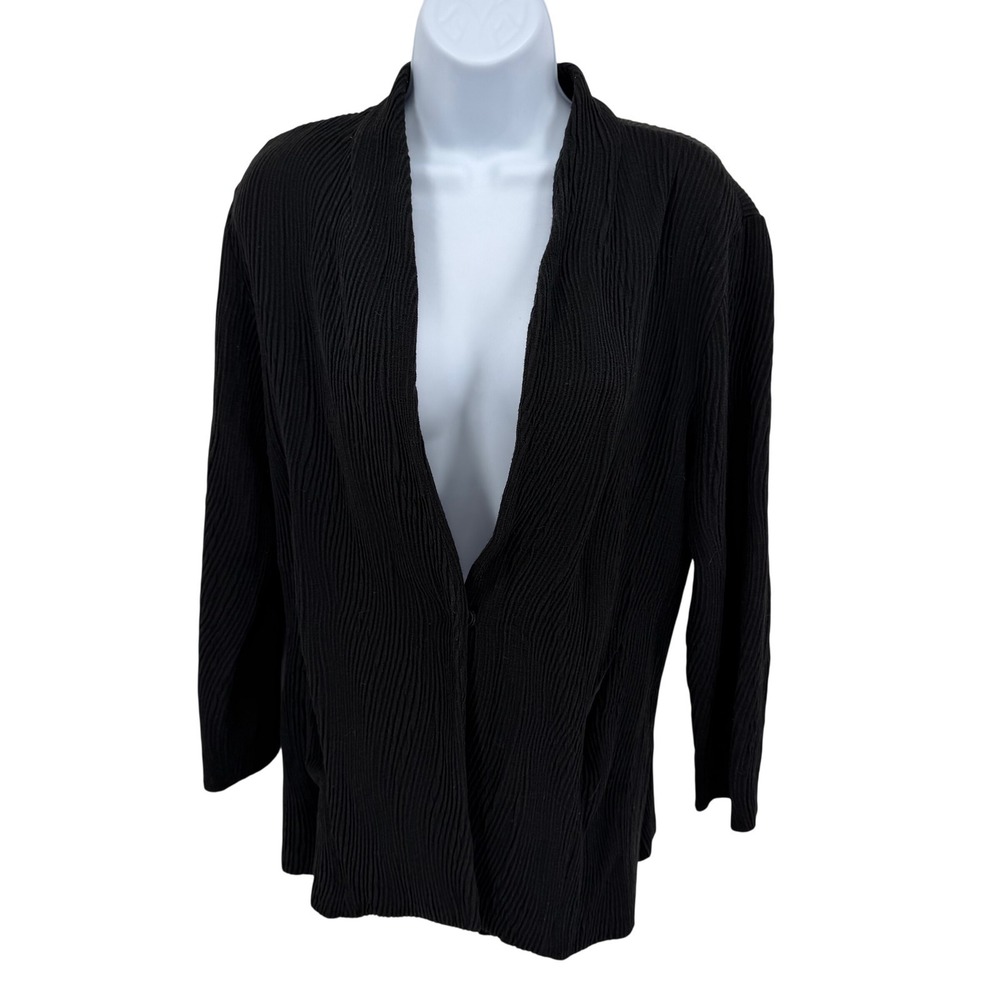 Eileen Fisher Womens L Cardigan Jacket Black Textured Ripple Knit Open Front